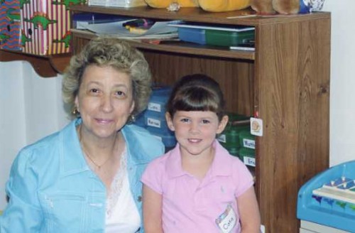 Catie and Mrs. Keenan on the first day of preschool